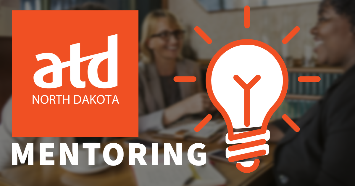 Text and image with link to ND ATD Mentoring page. Image of people talking in the background with the ATD logo and a light bulb graphic in front. Text reads ATD ND Mentoring.